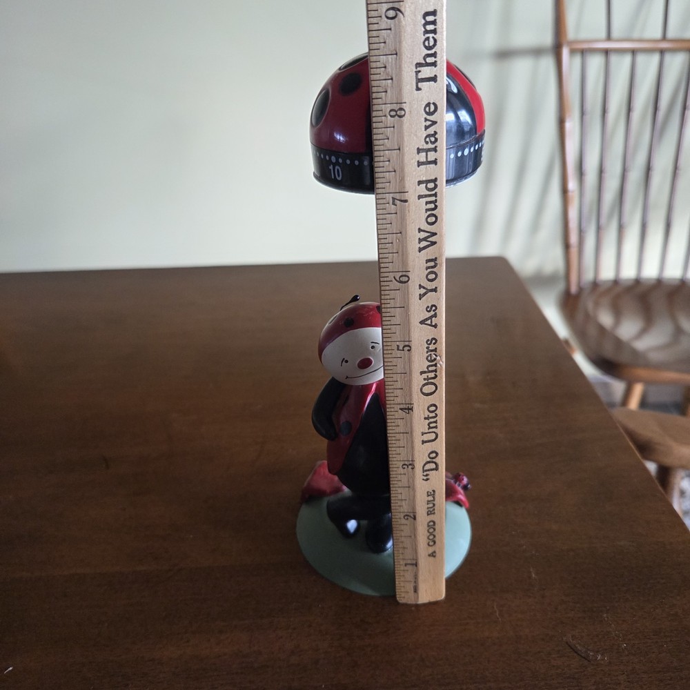 Ladybug Kitchen Timer on Handmade Stand with Anthropomorphic Ladybug Figure 8.5"
