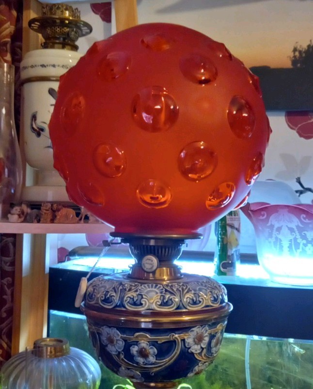 GIANT Antique Cranberry Red Frosted Dimple Optic Duplex Oil Lamp Shade, 4 Inch