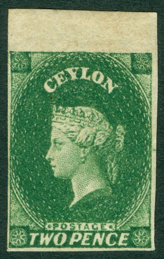 SG 3 Ceylon 1857-59. 2d green. A fine fresh mounted mint marginal example...