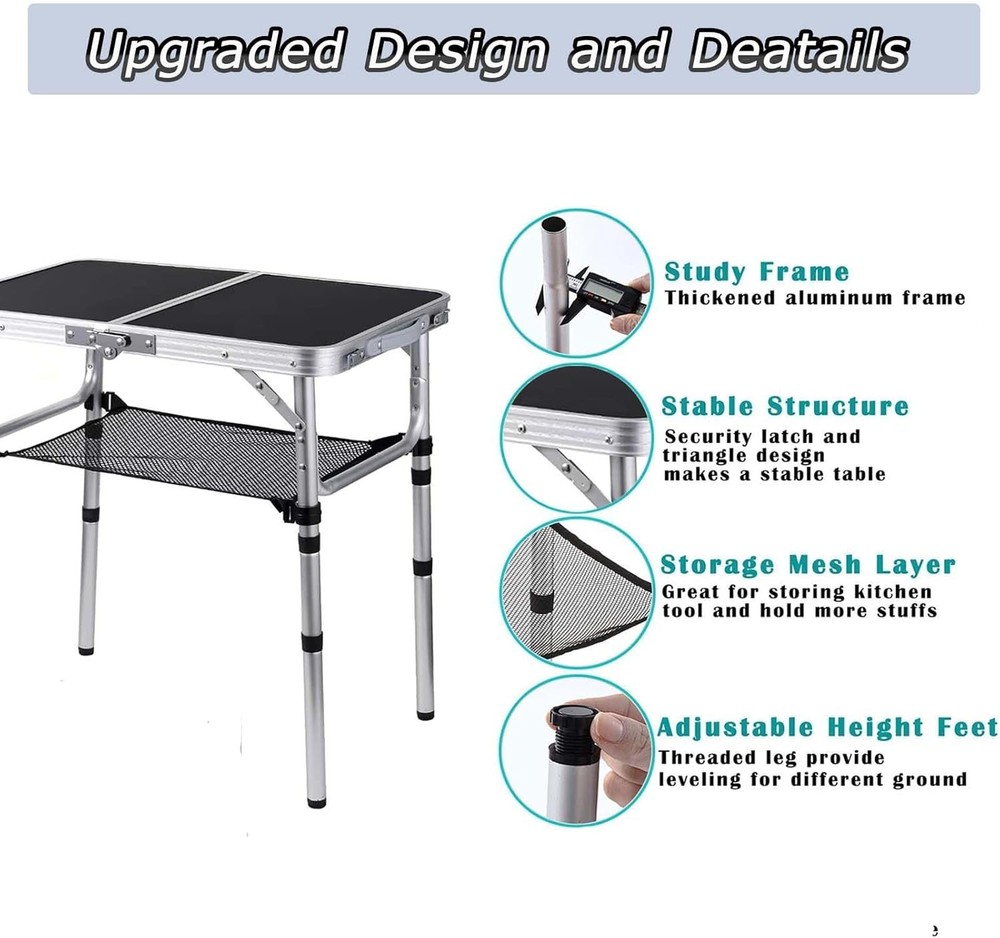 Folding Camping Table Adjustable Height Folding Table Portable Aluminum Small