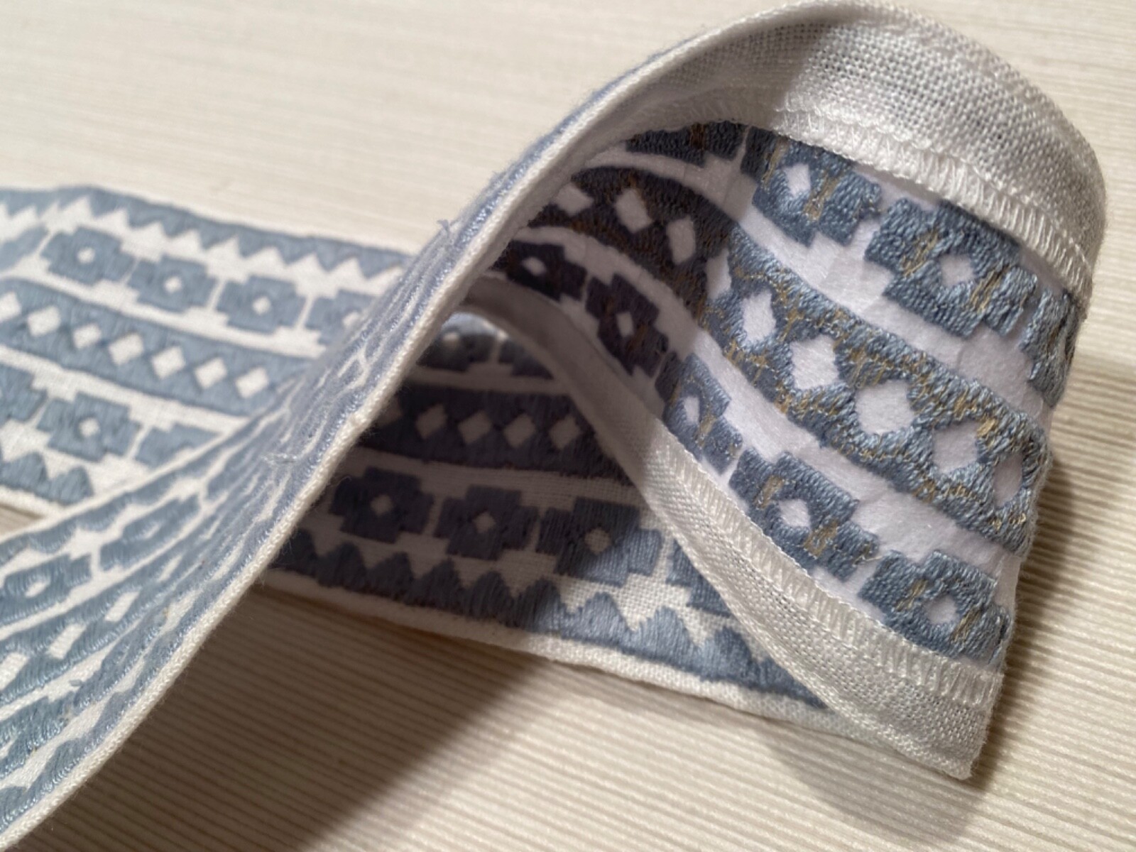 SCHUMACHER 79920 Talitha Tape Sky 85% Linen Embroidered Passementerie Trim BTY