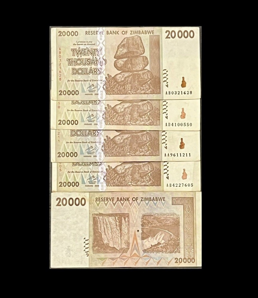 5 pcs x 20,000 Dollar Zimbabwe CIR Banknotes