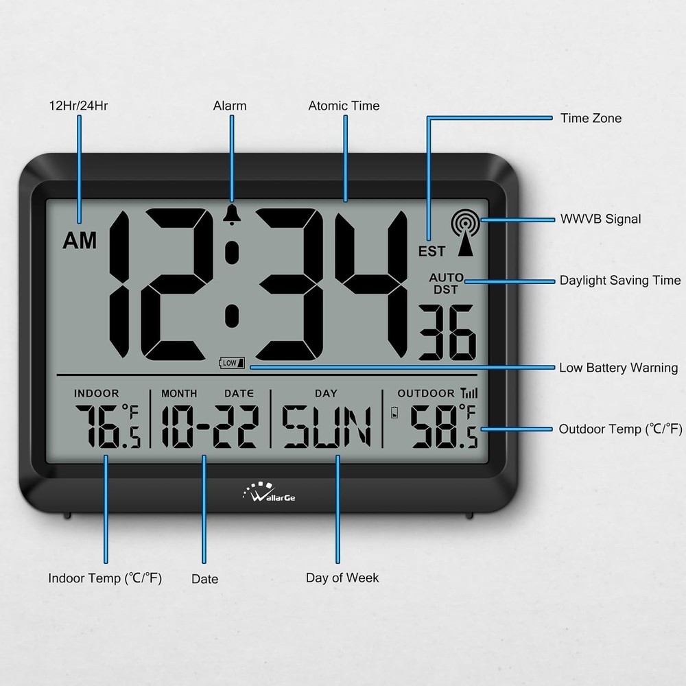 Modern Atomic Wall Clock - Self-Setting, Indoor Outdoor Temp
