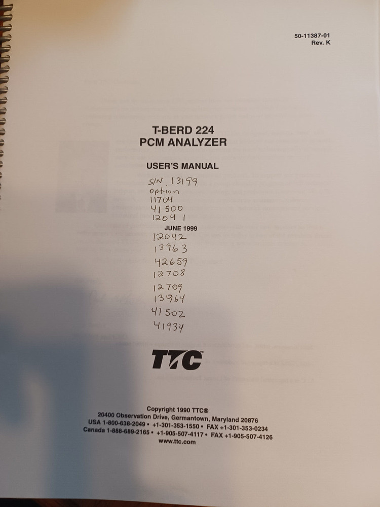 TTC T-BERD 224 PCM Analyzer / Multiple Options / Manual / Quick Cards