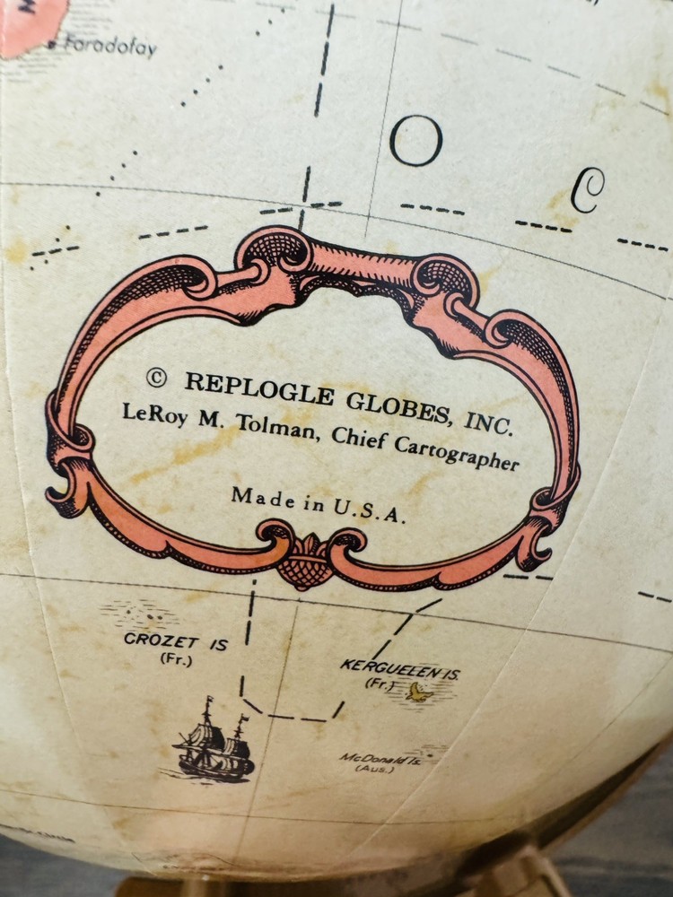 Vintage Replogle Rotating World Globe Desktop Wood Base