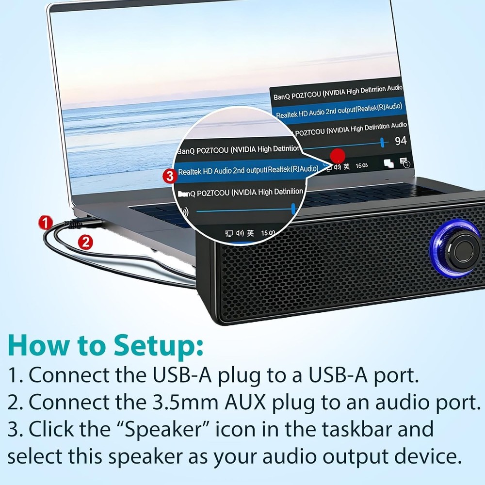 USB-A Powered Wired Stereo Speakers for Computer & Laptop - No Bluetooth