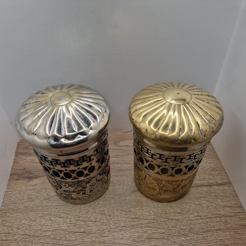 2 X SILVER PLATED LIDDED CANISTERS EMBOSSED PATTERNED VINTAGE DECORATIVE