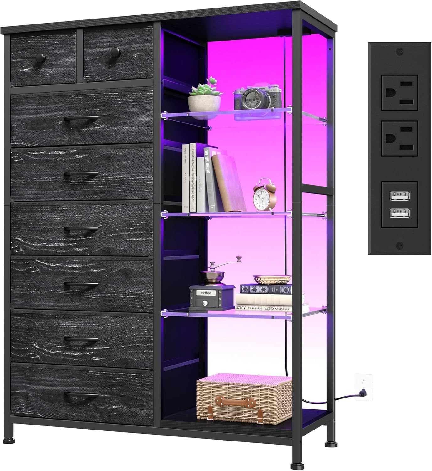 Enhomee 54" H Dresser for Bedroom with LED Lights & Power Outlets Dresser with 8