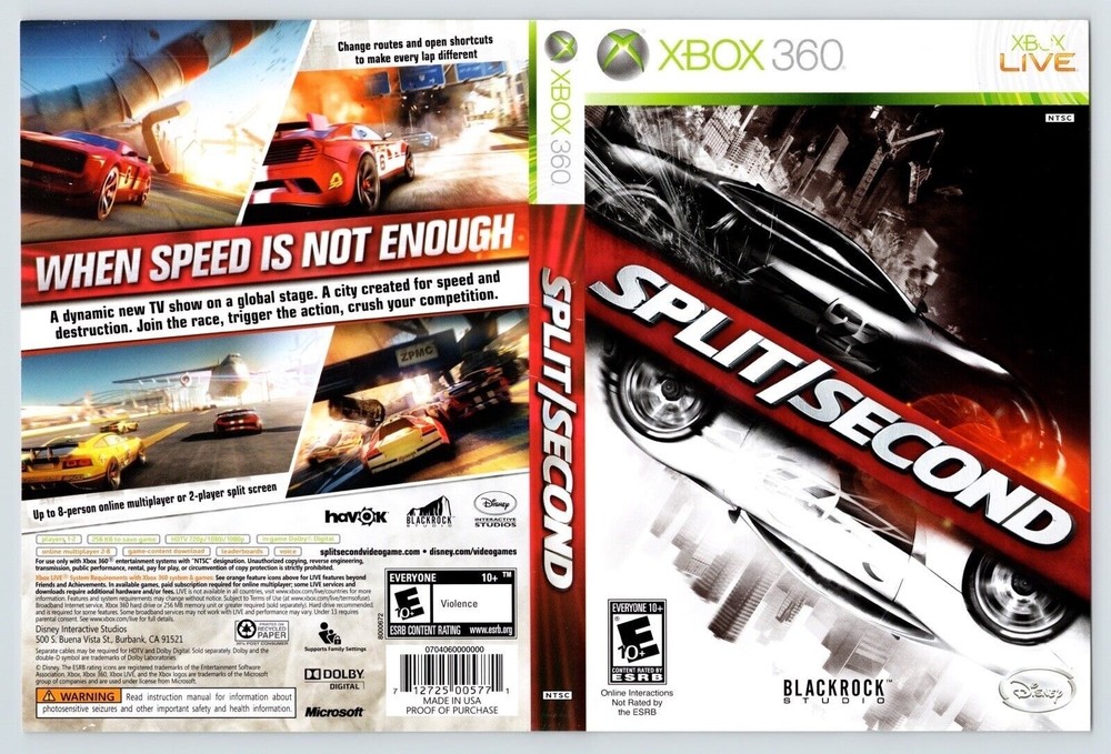 Split Second Microsoft Xbox 360 Used Video Game Boxart Only No Game