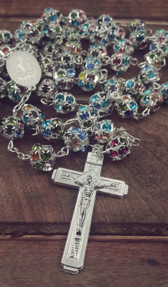 Colorful Zircon Beads Silver Rosary Catholic Necklace Miraculous Medal Cross
