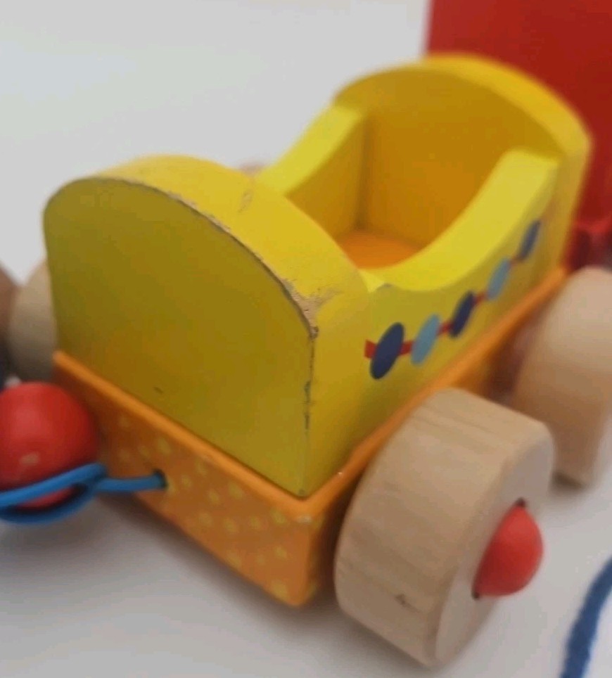 Goki Wooden Train Vintage With Pull String 3 Train Sections Red Yellow Blue 13"