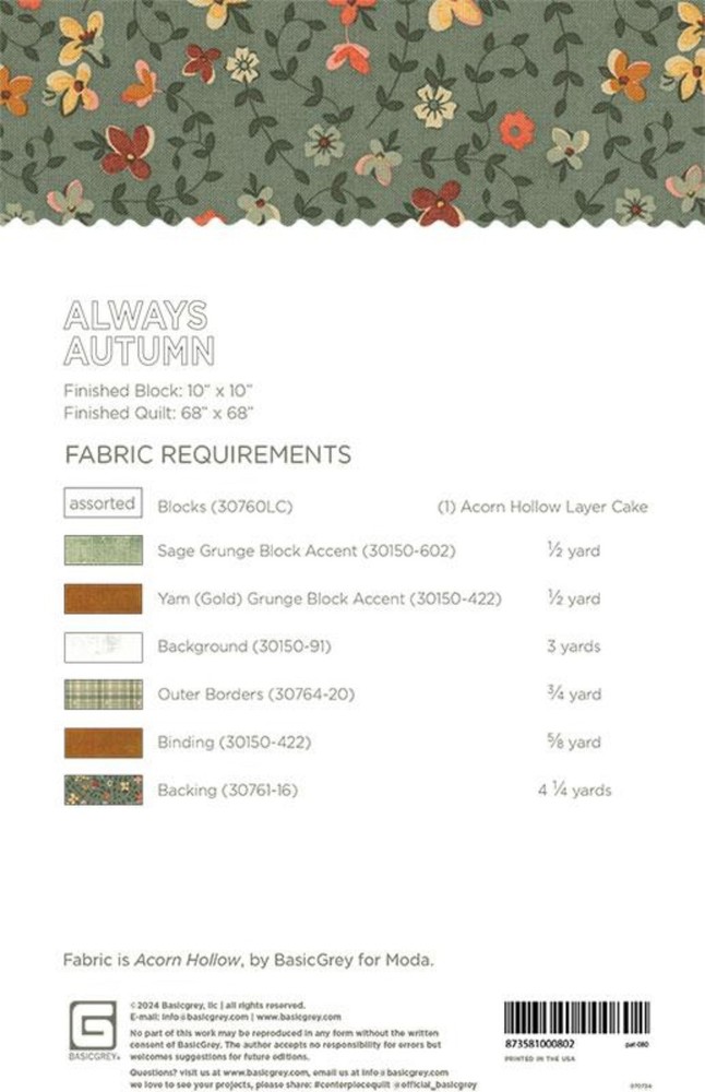 Always Autumn Quilt Pattern by Basic Grey