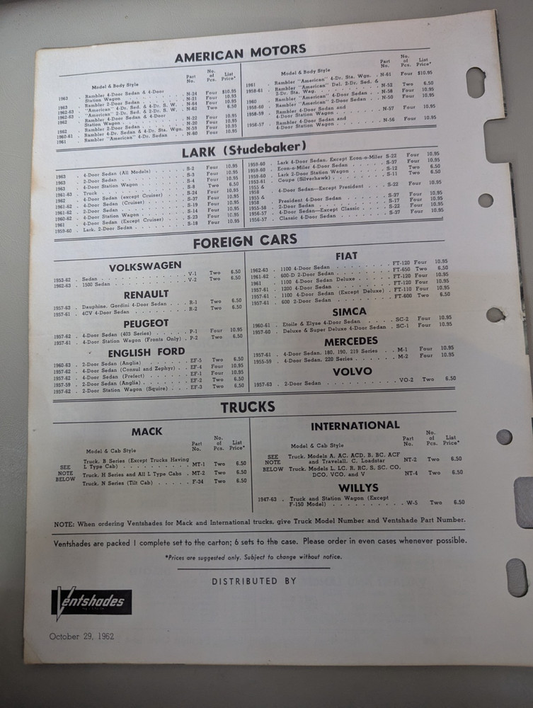 1963 Studebaker Accessory Ventshades Flyer