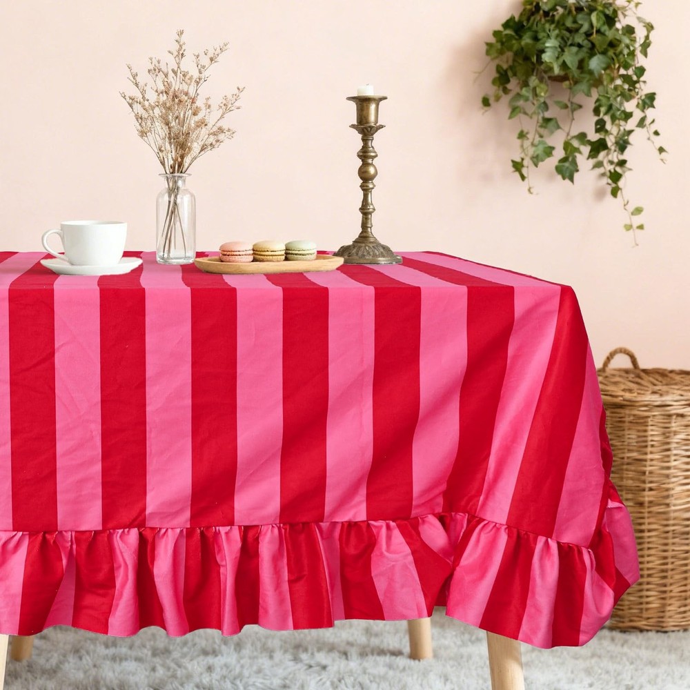 Ruffle Tablecloth Table Cloth Boho Pink Red Striped Rectangle Decorative Tabl...