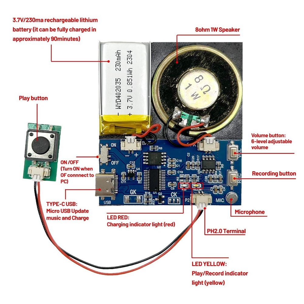 Module - 16MB Push Button Activated Sound Module with Speaker, Type-C Cable, ...