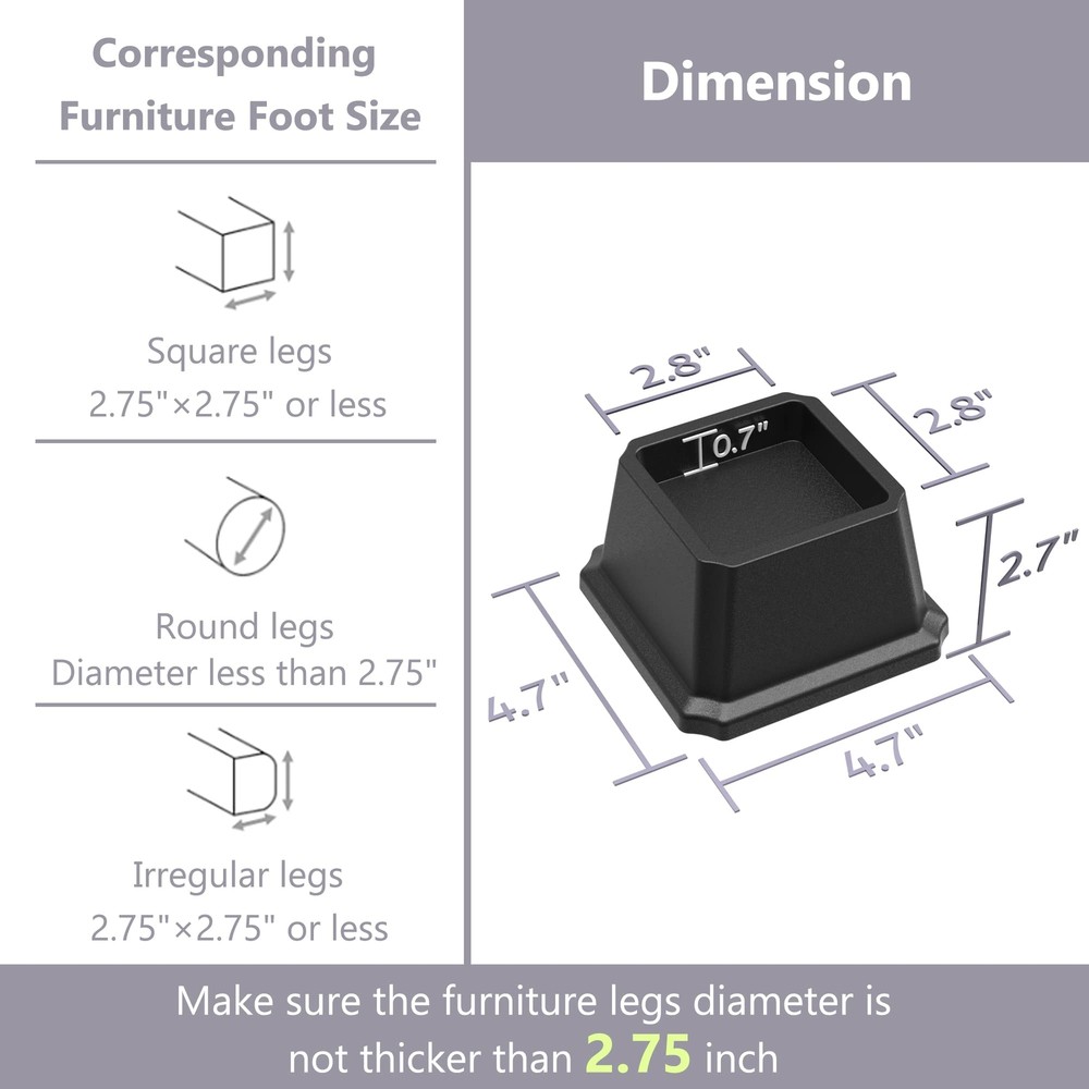 Bed Risers 2 Inch Heavy Duty Elevators for Bed/Table 4 Pack Black 1500 lbs