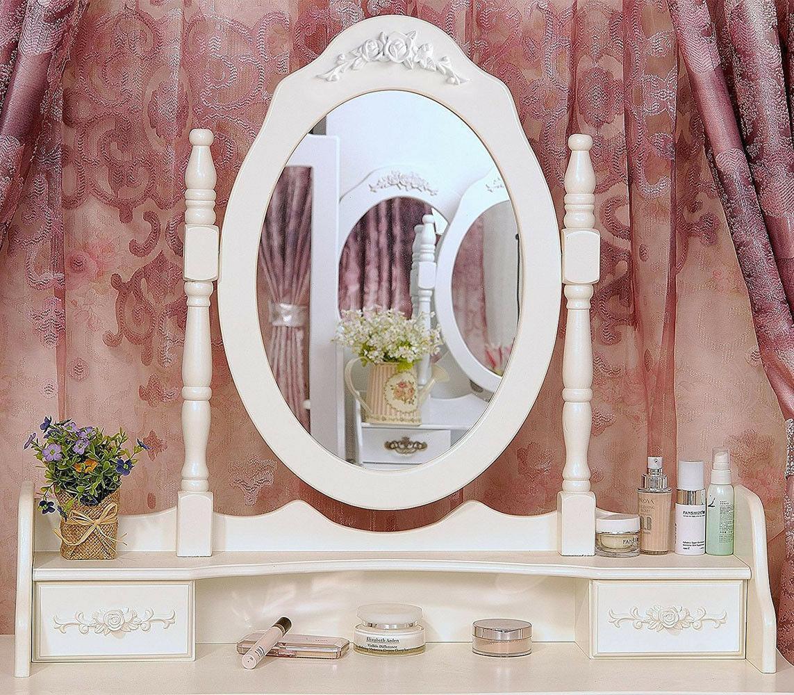 White Vanity Makeup Dressing Table Set w/Stool 4 Drawer&Mirror Jewelry Wood Desk