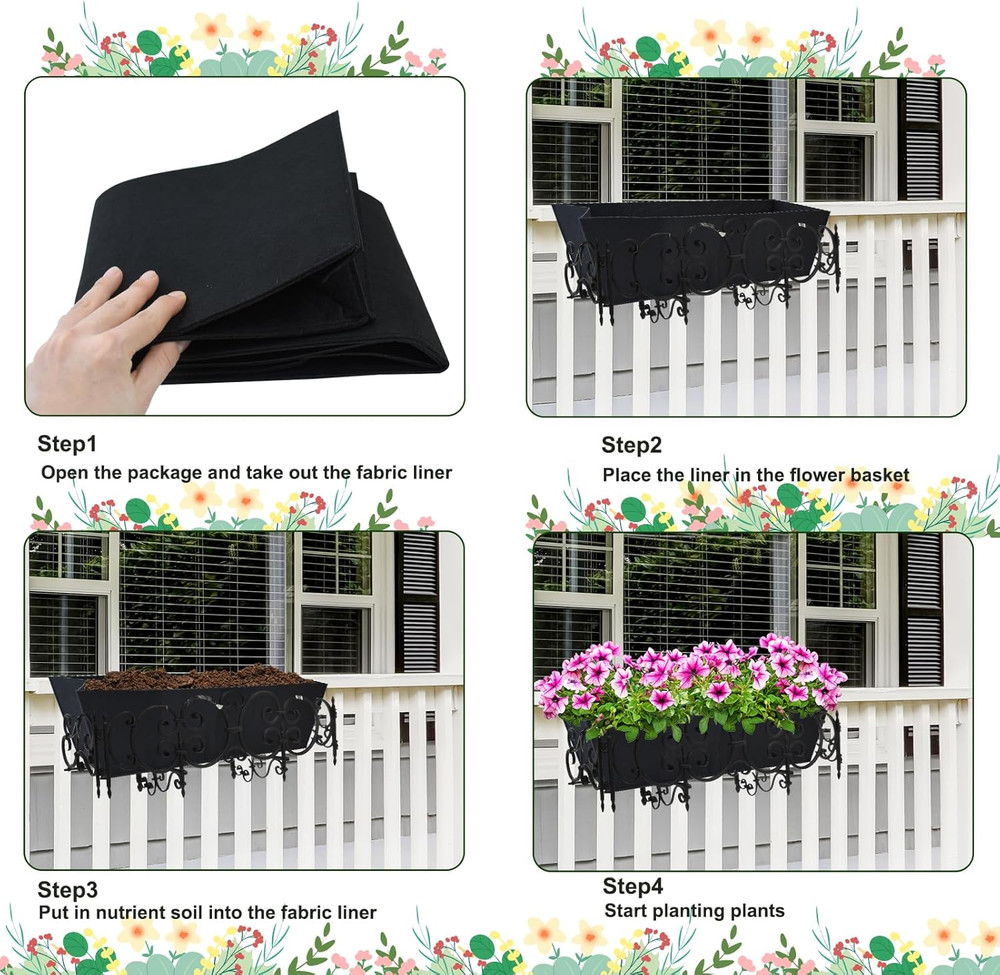 2PCS 24Inch Rectangle Window Box Liner Felt Planter Basket Liner Insert Black Pl