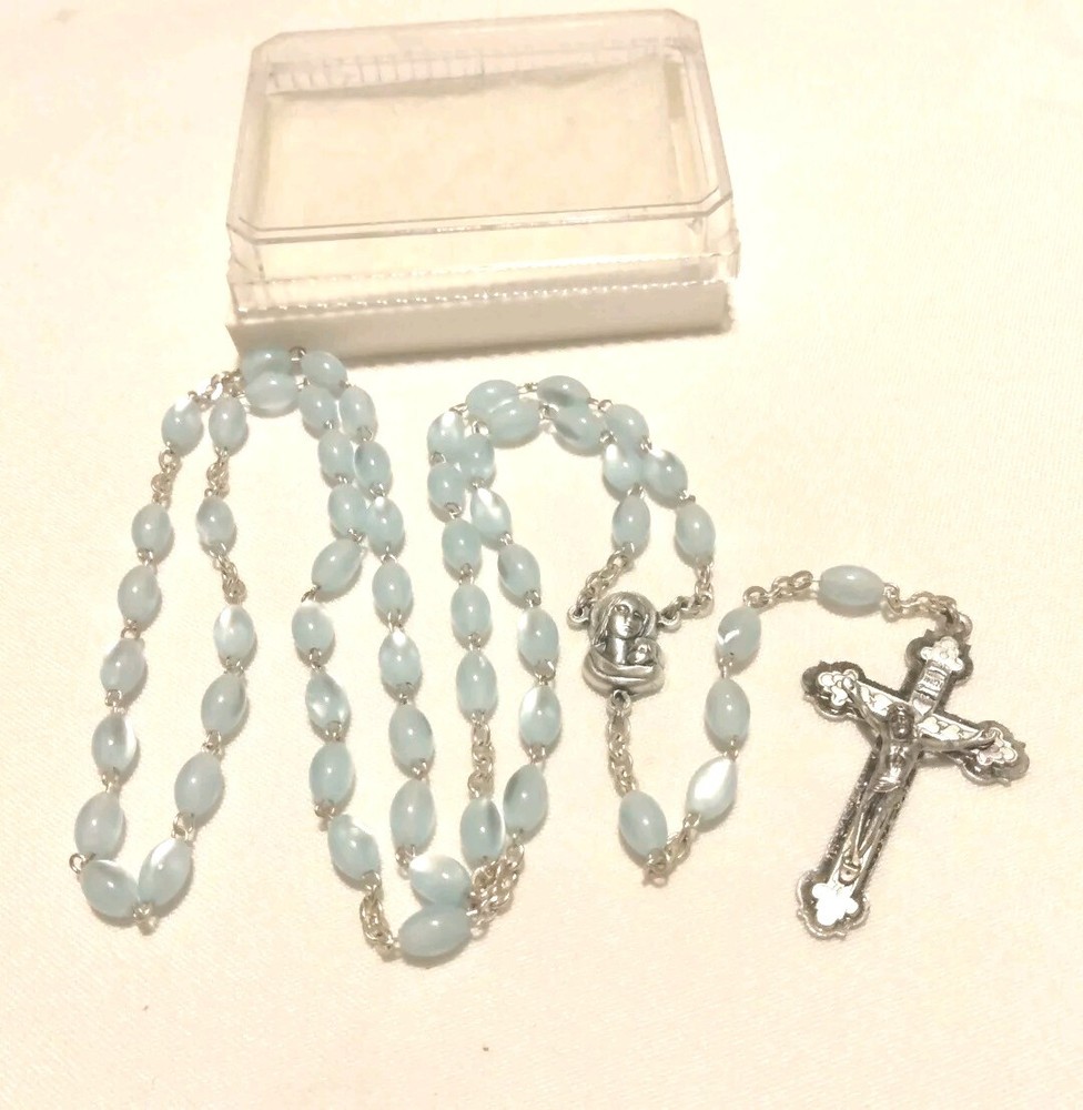 Vintage Baby Blue Rosary Excellent Condition Virgin Mary Center ITALY MINT