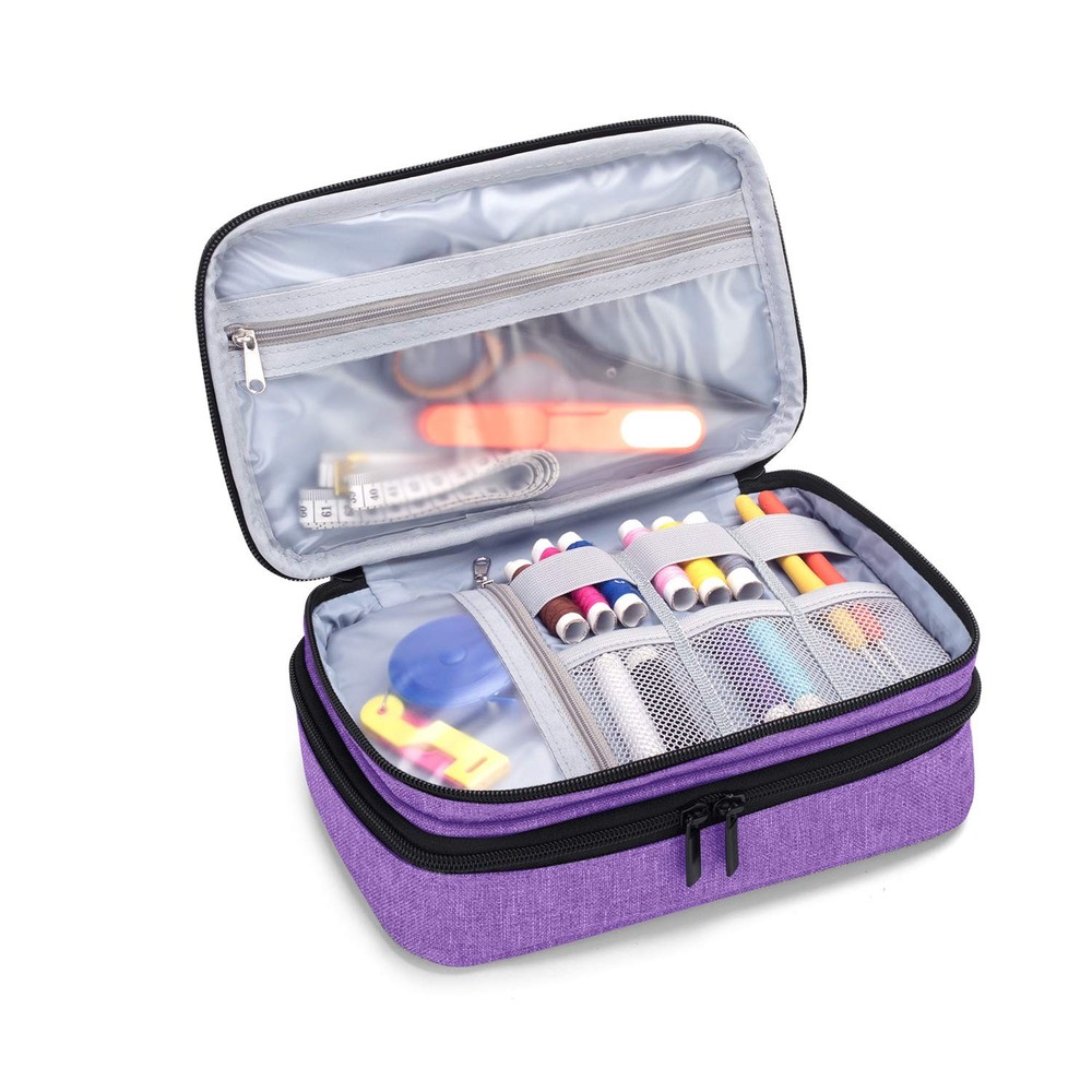 Double-Layer Sewing Organizer for Needles, Scissors, Thread, Tools, Purple