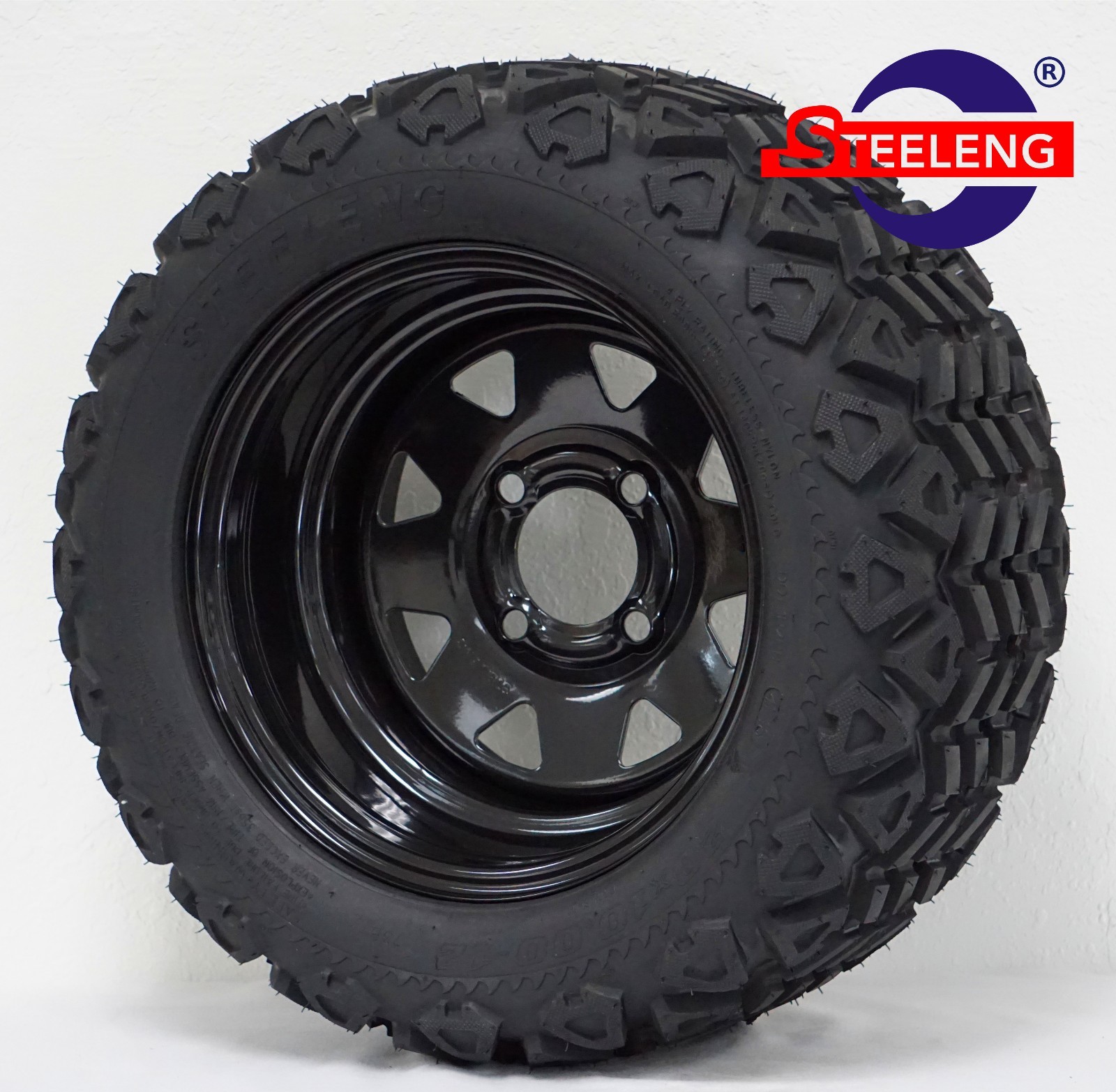 GOLF CART 12" BLACK STEEL WHEELS and 20"x10"-12" ALL TERRAIN TIRES (SET OF 4)
