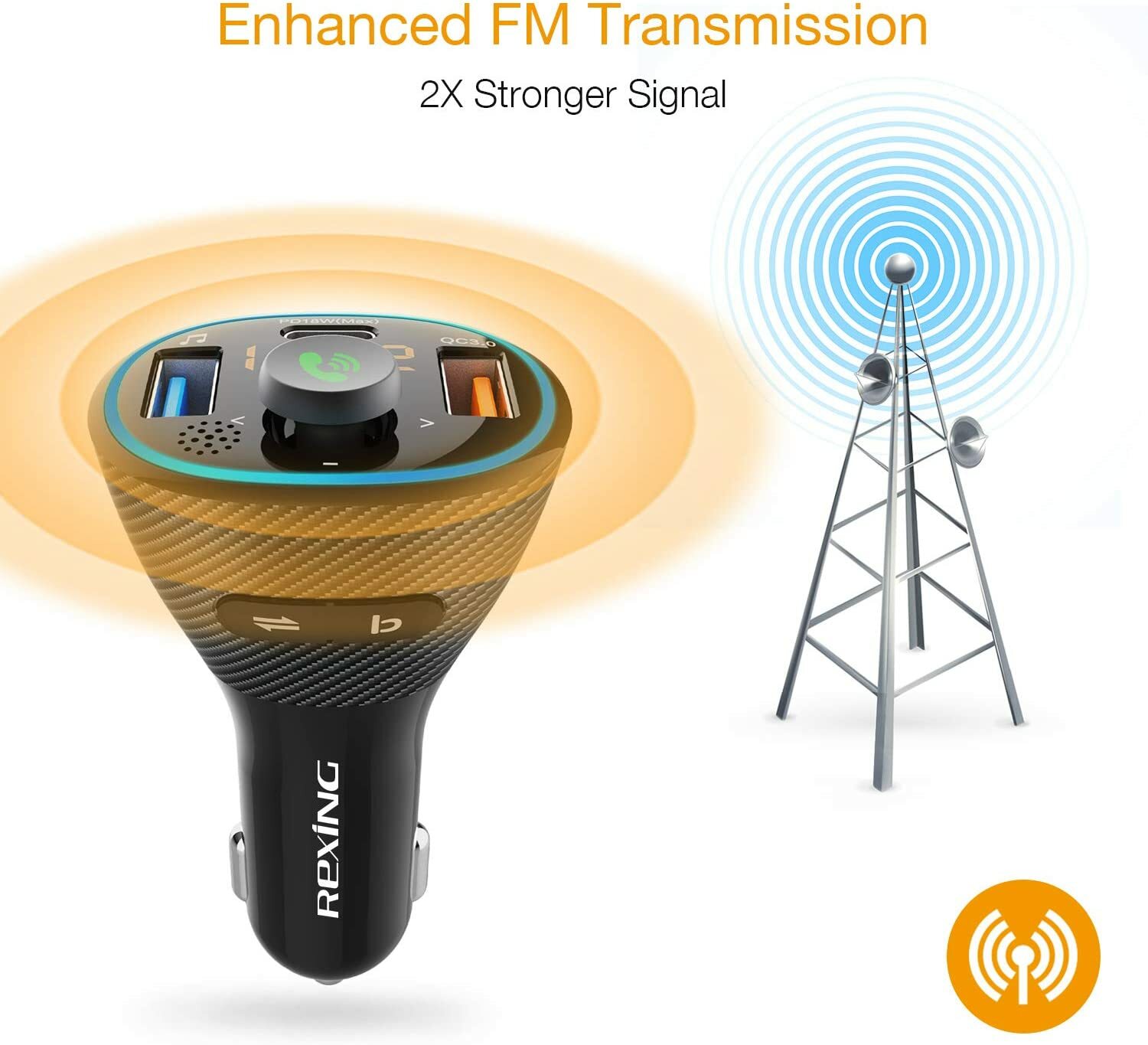 Rexing FM Transmitter Car Charger w/Bluetooth 5.0, Wireless Audio Adapter