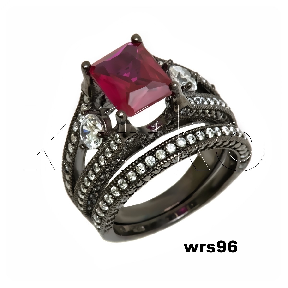 Hot Pink CZ Brilliant Cut 925 Black Silver Engagement Ring Wedding Ring Set