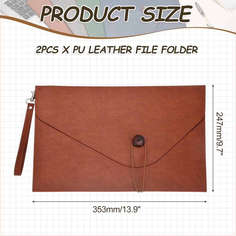 2Pcs PU Leather A4 File Folder, Waterproof Envelope Holder with Handle, Brown