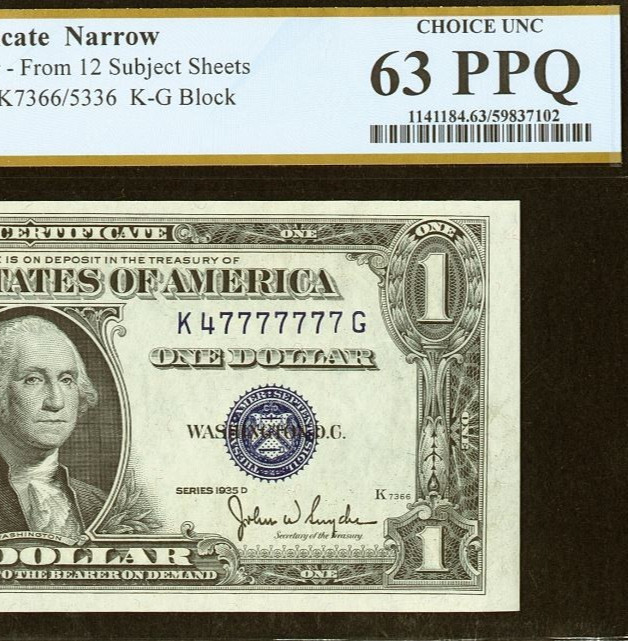 1935D $1 Silver Certificate PCGS 63PPQ Near Solid Serial 47777777