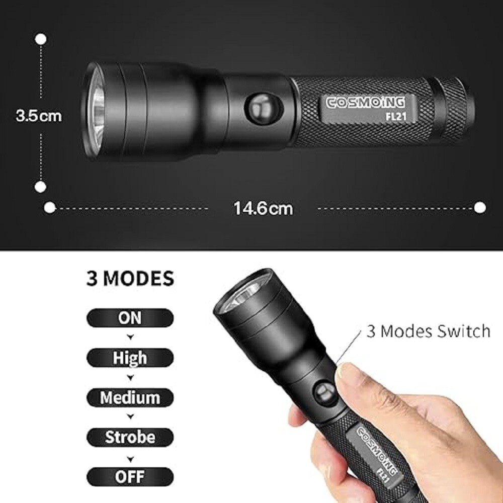 600 Lumen LED Flashlight USB C Rechargeable, IP65 Waterproof Handheld Flashlight