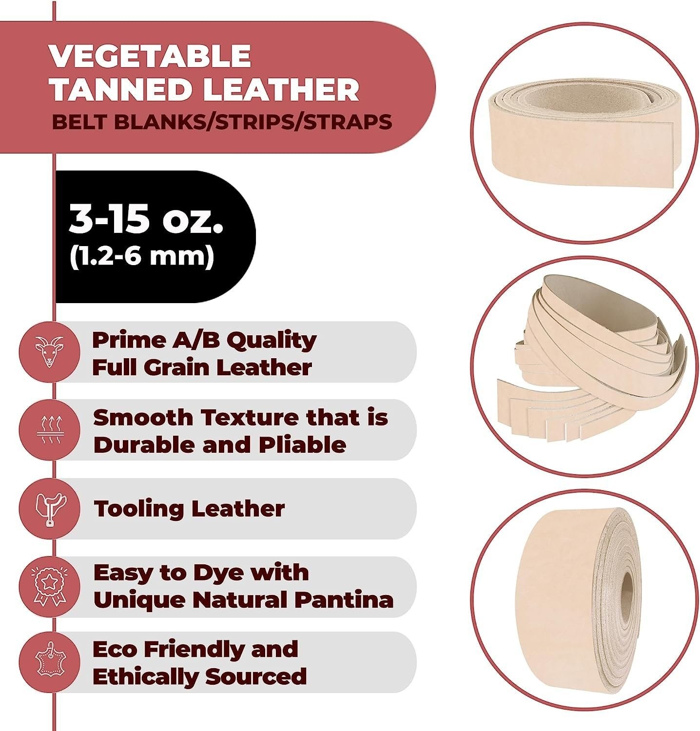 ELW Leather Blank Belt - 8-9 to 13-15 oz Thickness Cowhide Vegetable Tanned