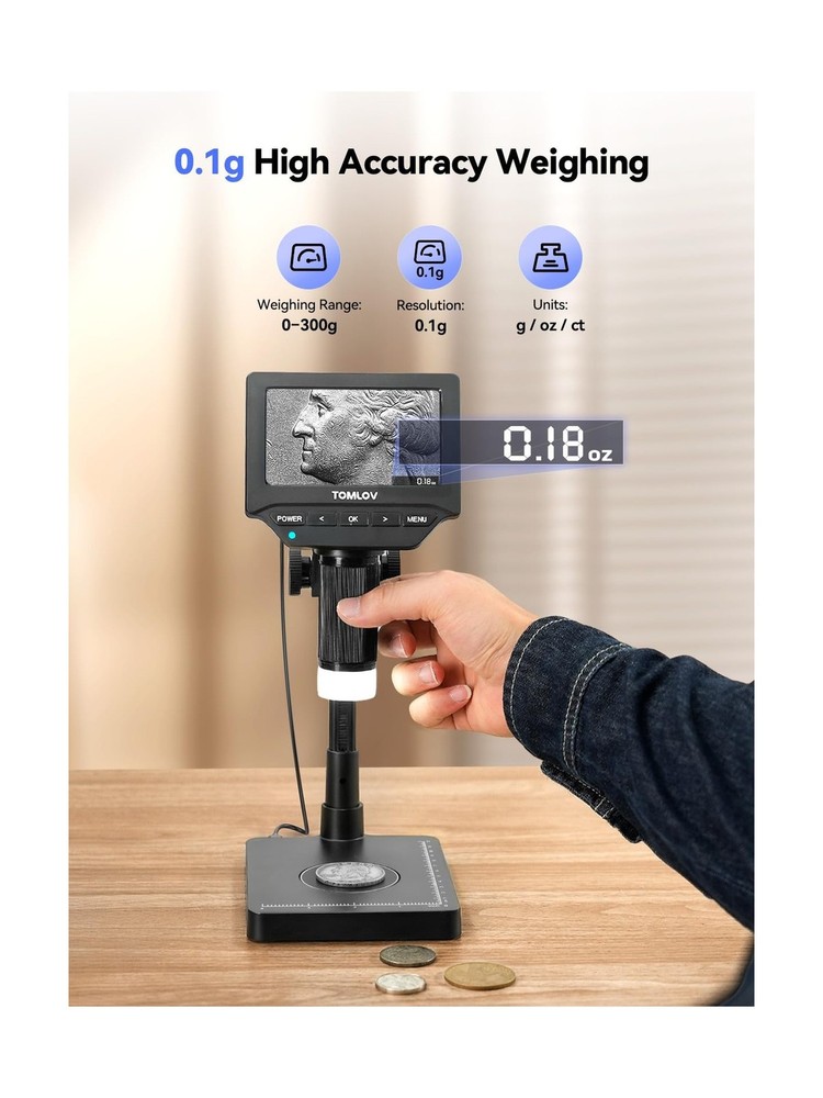 TOMLOV DM4W Microscope with Weighing Scale: 4.3" Digital Coin Microscope with...