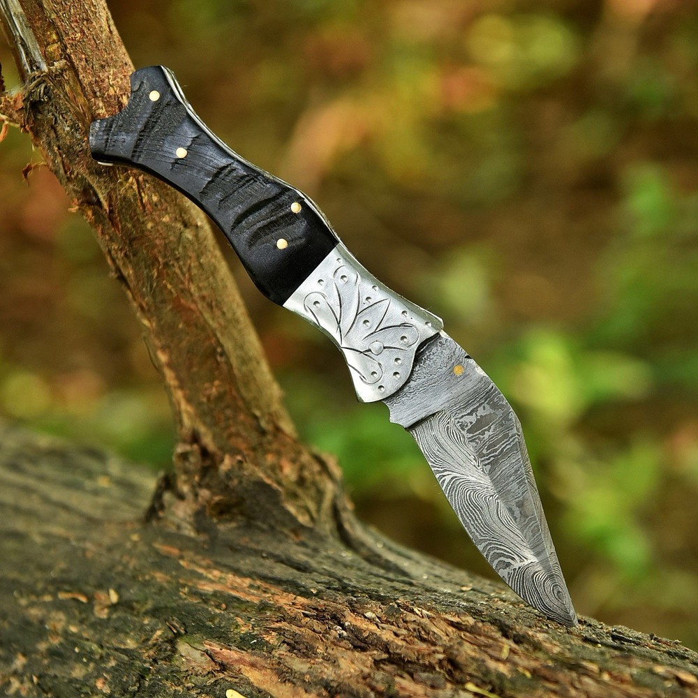 Damascus Folding Dagger Blade Pocket Knife Tactical-Double Edge