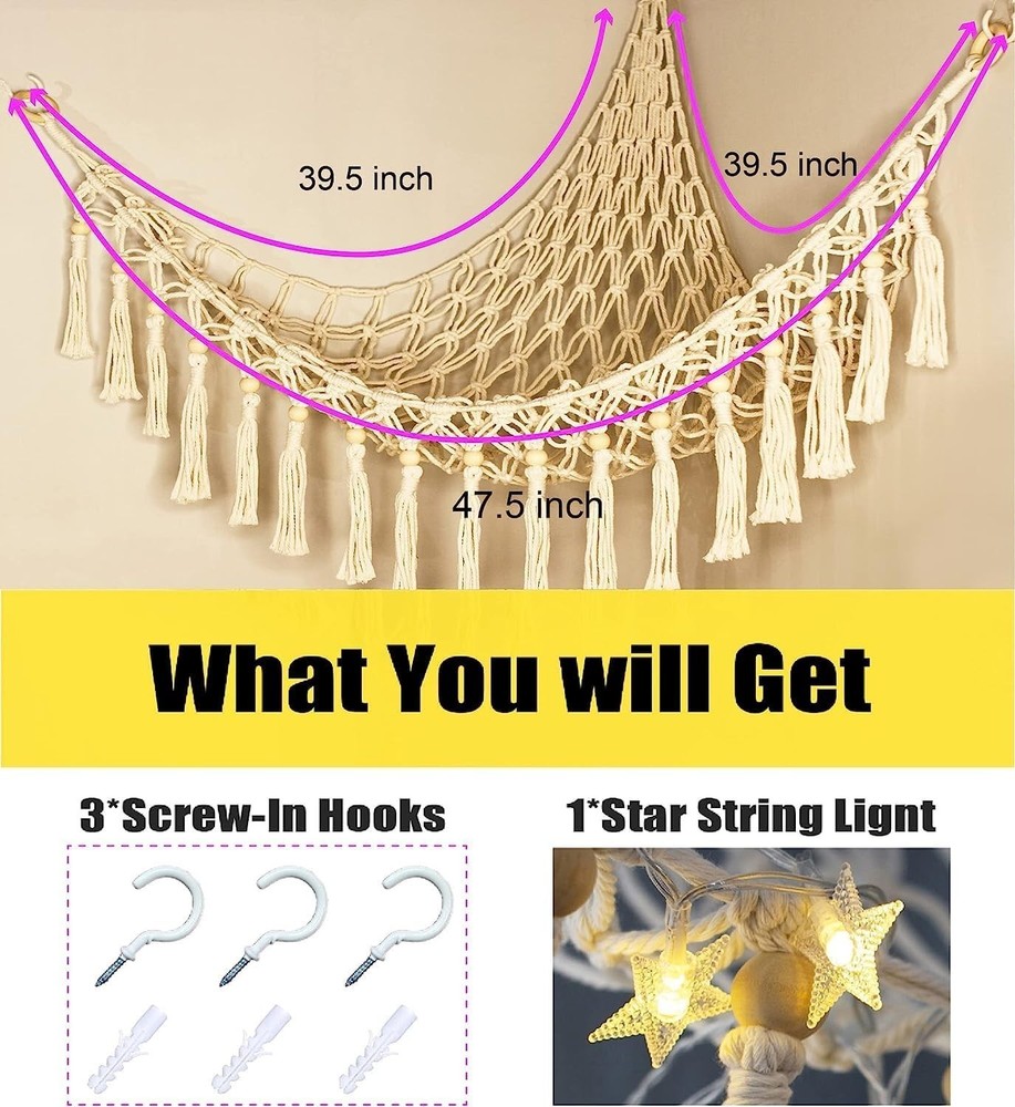 Handmade Macrame Stuffed Animal Hammock with Lights - Corner Storage Solution