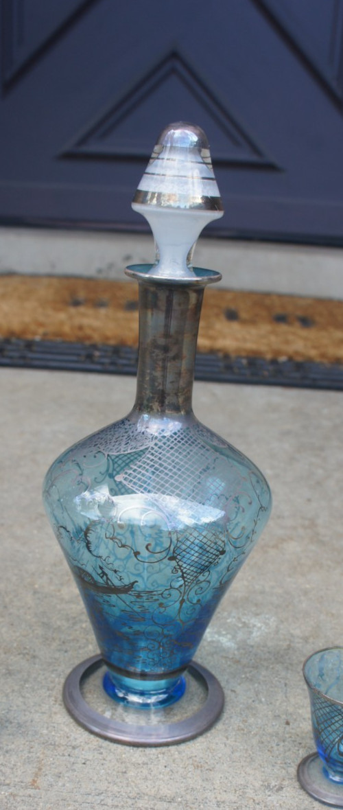 Vintage Venetian Murano Glass Decanter & Six Cordial Glasses Blue Silver Overlay