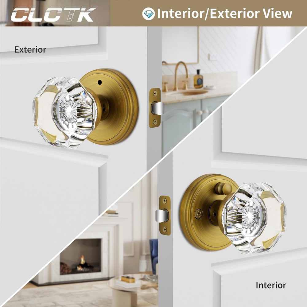 CLCTK Antique Brass Door Knobs Glass Interior with