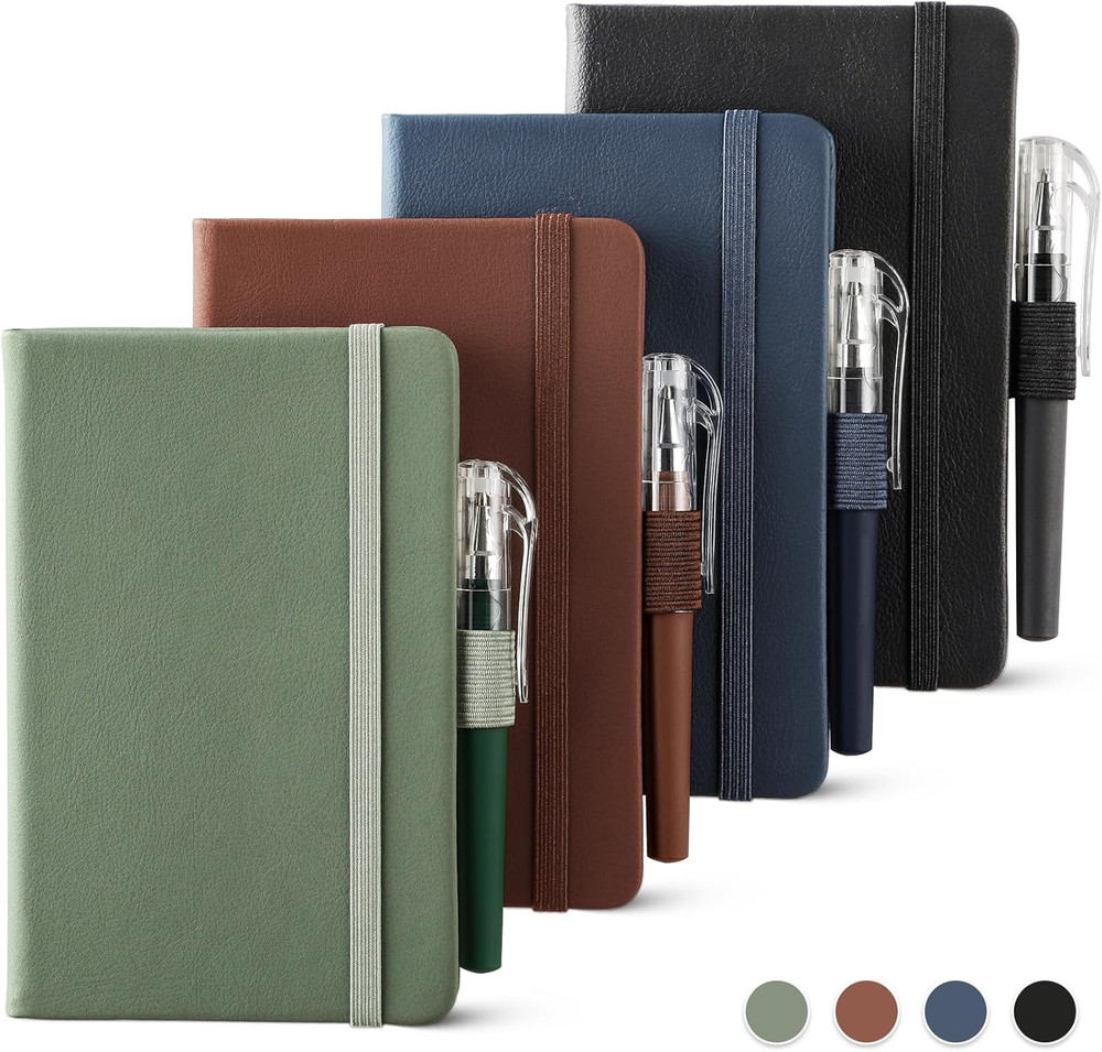 4 Pack Small A6 Mini Leather Pocket Notebooks, 3.7" X 5.7", 416 Pages, Assorted