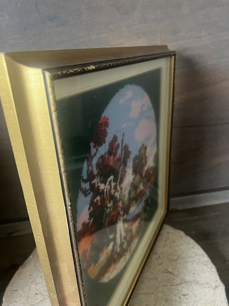 HAND MADE NEEDLE POINT FLORAL WALL HANGING FRAMED IN SOLID WOOD FRAME