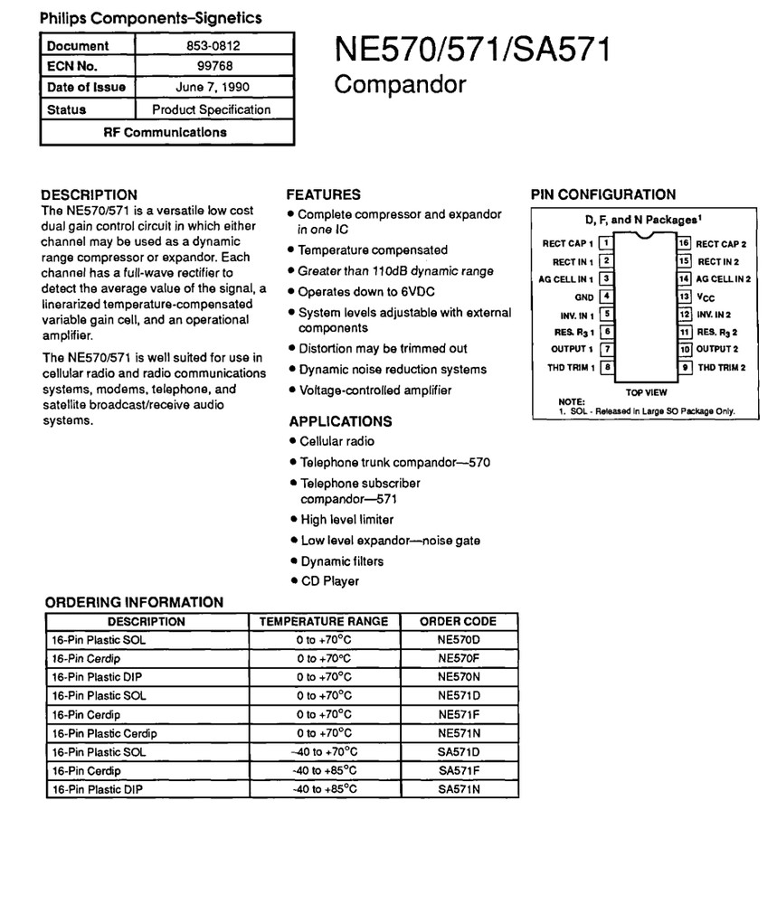 NE571N Signetics Audio Compandor Compressor Expander 110dB Dynamic Range DIP-16