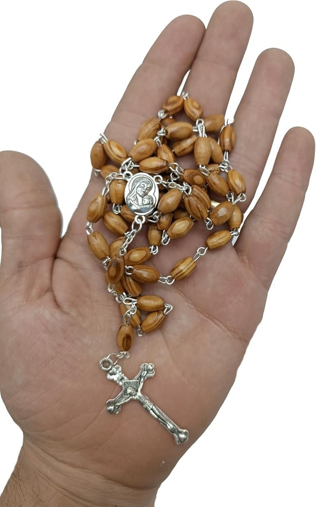 Authentic Jerusalem Rosary: Olive Wood Beads & Soil Medal Gift with Certificate
