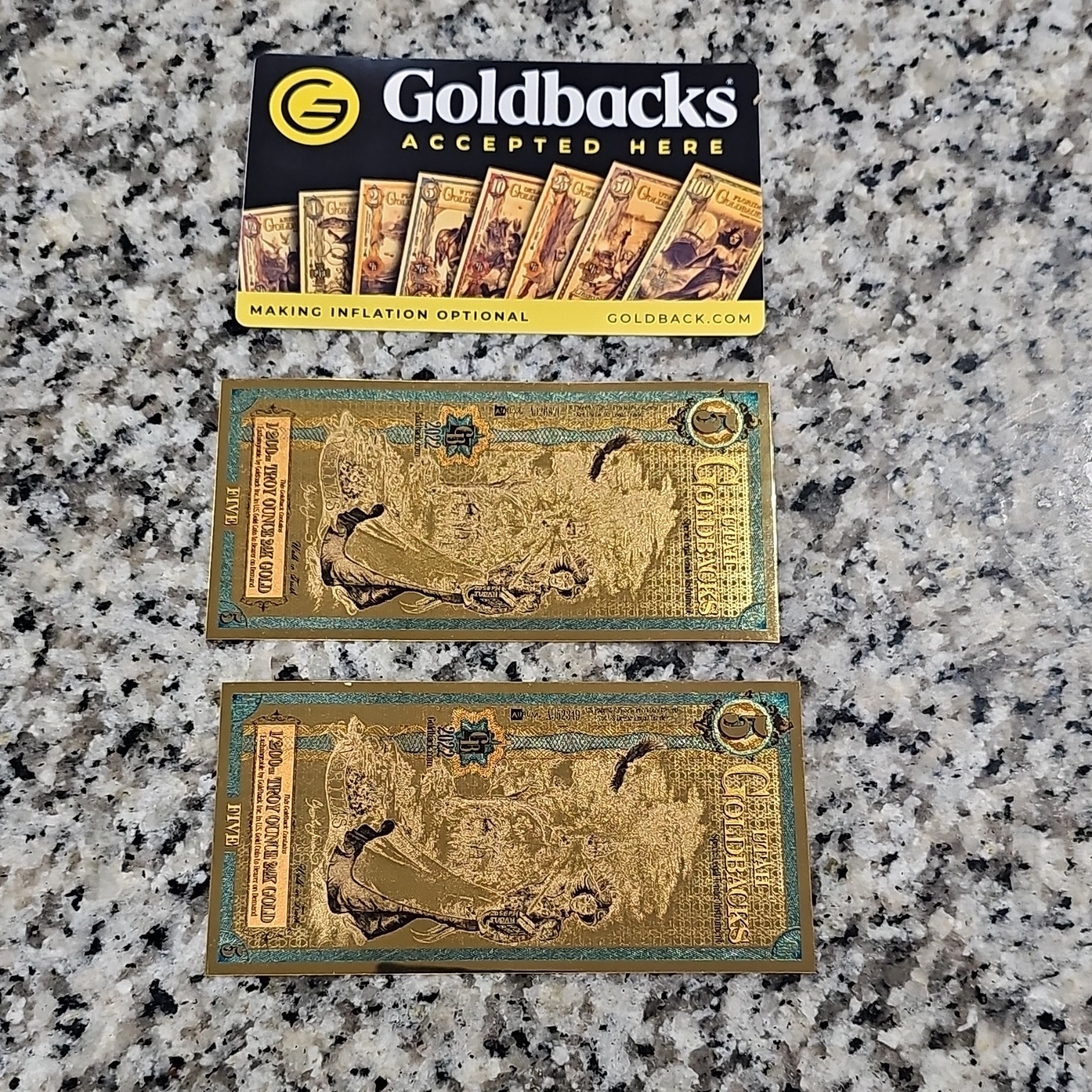 Goldback 2 Five Bar 2022 1/200 oz Each 24K Gold 0.999 Fine Total 1/100 oz