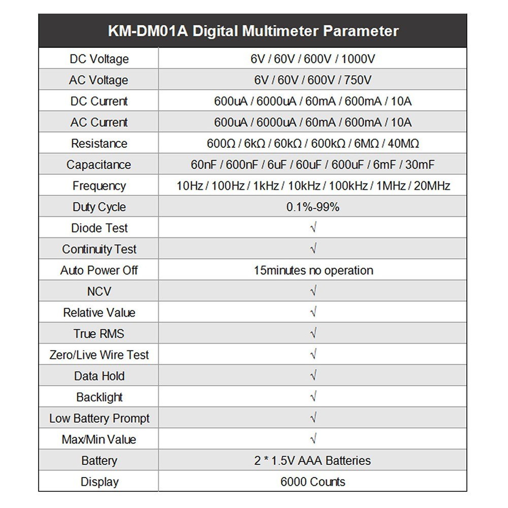 KM-DM01A 6000-Count Multifunctional Meter for Voltage Current and Diode Test