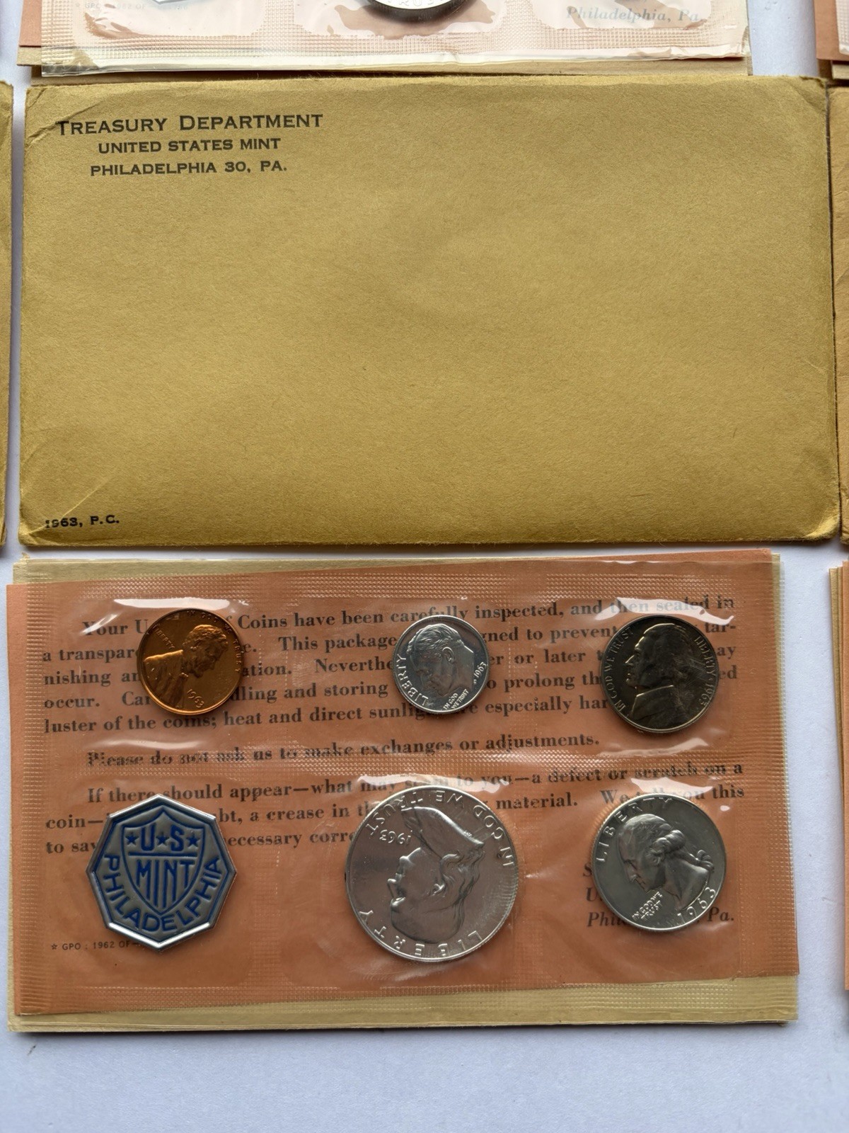 FRANKLIN HALF 1963 P U.S. MINT 90% SILVER PROOF SET 5 COINS & ENVELOPE & INSERT