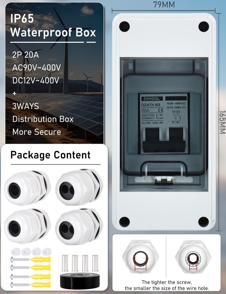 Solar Panel Disconnect Switch DIN Box 20A Dual Pole Circuit Breaker