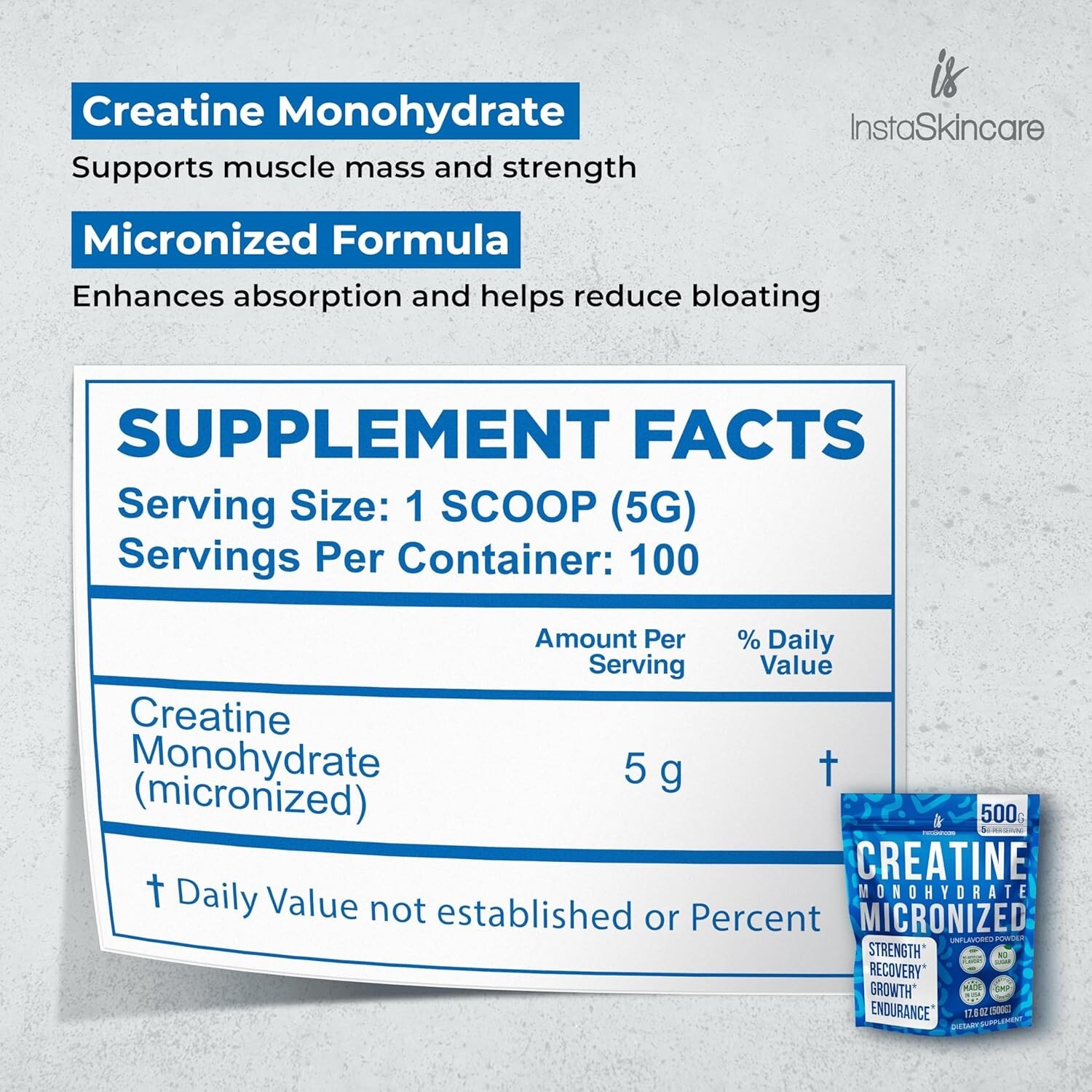 Creatine Monohydrate Powder Muscle Gain 5000mg Per Serv (5g) Made in USA 1.1LB
