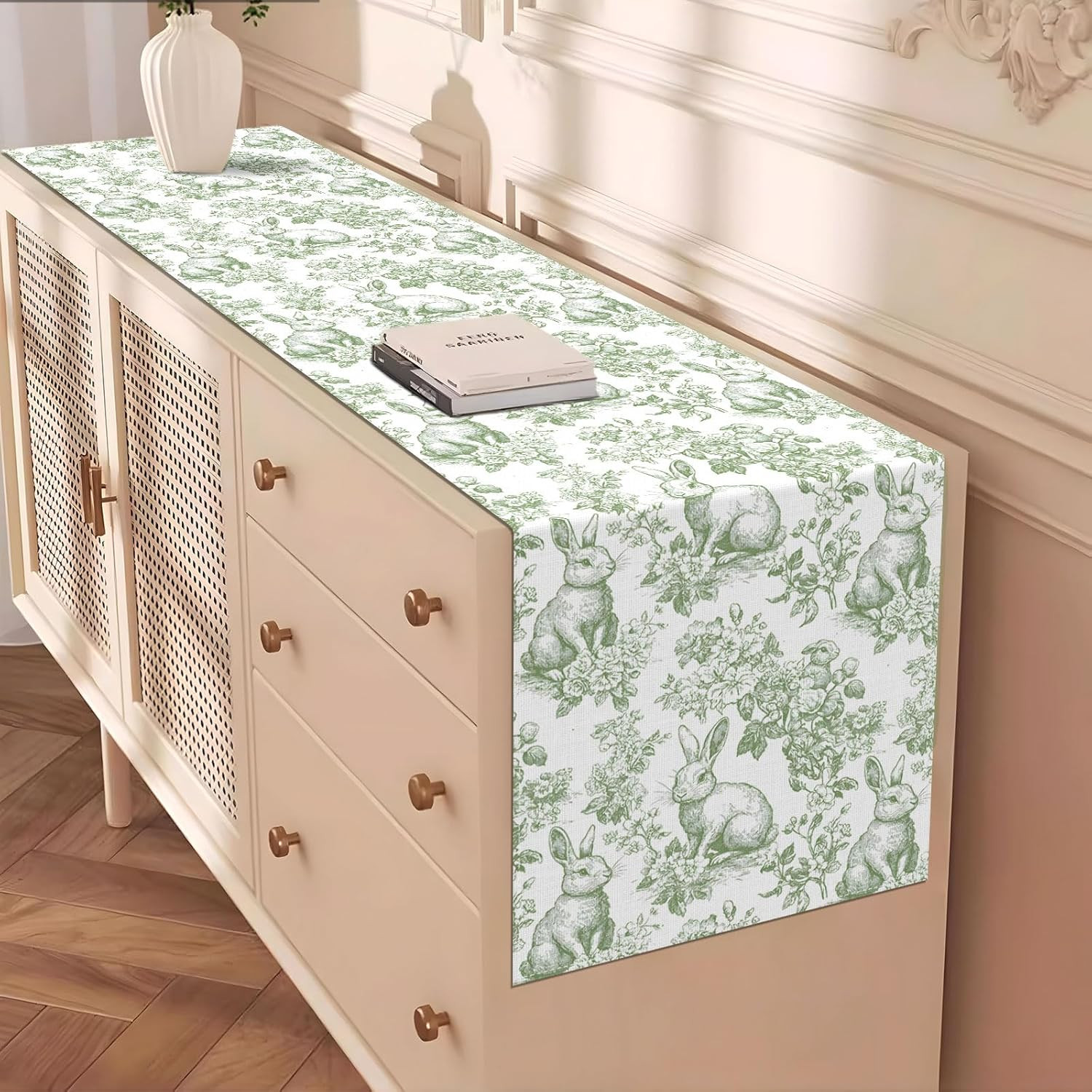 Chinoiserie Easter Table Runner Toile De Jouy Vintage Green and White Bunny Spri