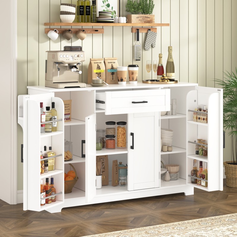 Fluted Buffet Sideboard Cabinet with Storage, Adjustable Shelves, Modern White
