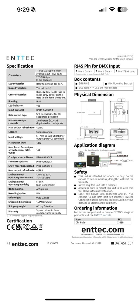 Enttec Din Pixie 73539, 2 Universe DMX LED Pixel Controller