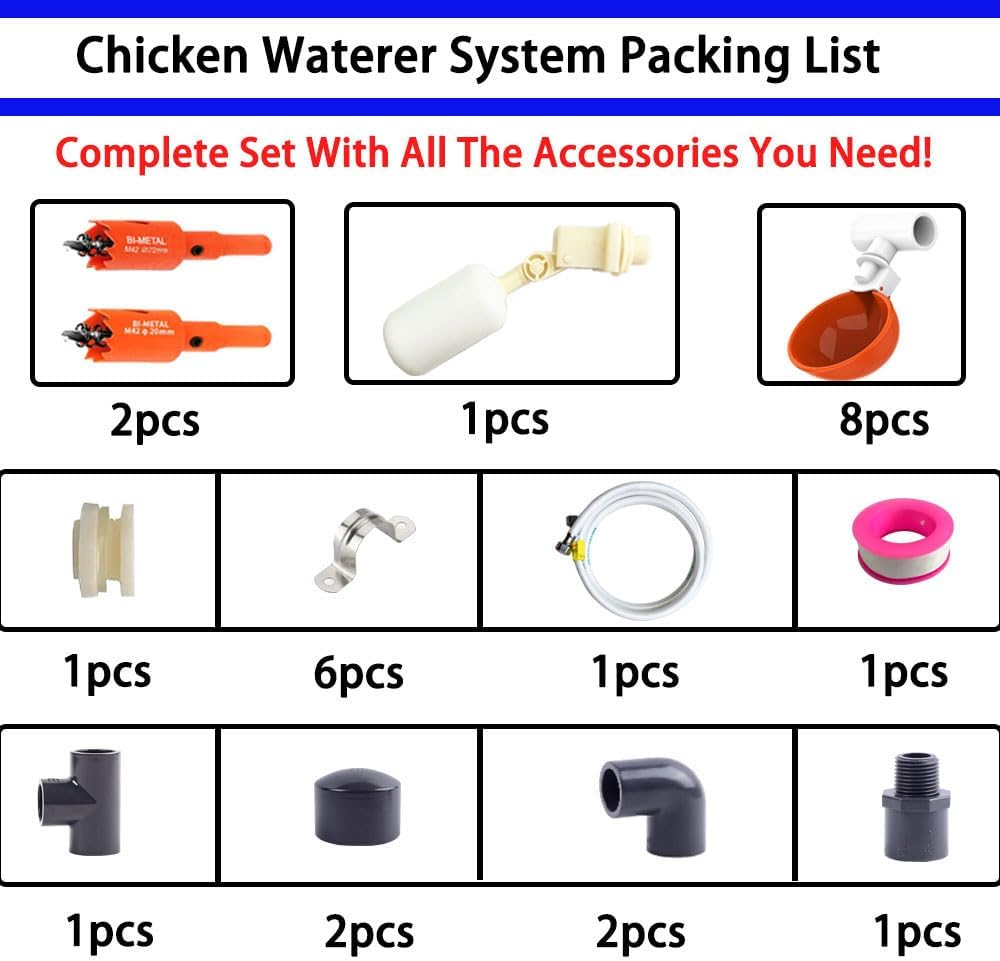Automatic Chicken Waterer System, Chicken Waterer Cups and 1/2" PVC Pipe Accesso