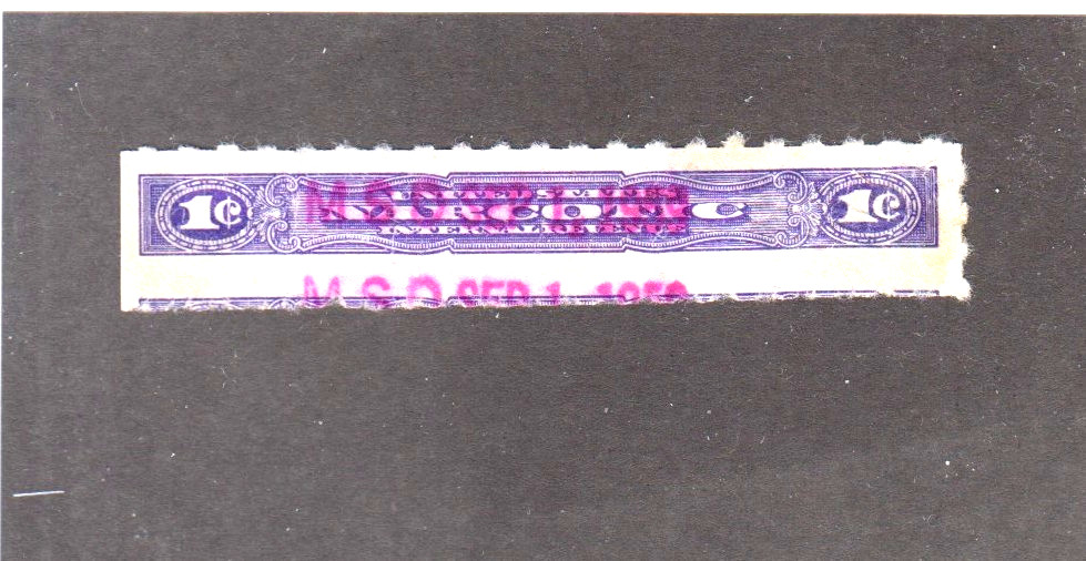 US  SC # RJA43b 1940's  NARCOTIC REVENUE STAMP  1c USED   kh75